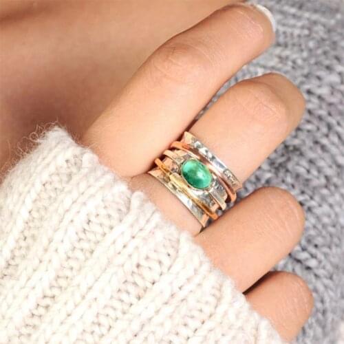 Vintage Boho Rings For Women Plated Green Stone Rings Jewelry Natural Stone Wide Ring Girls Statement Rings Fashion Gift Wholesa