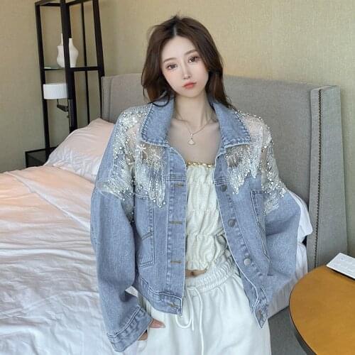 Chic Mesh Beaded Denim Jacket Coat Women 2021 European New Splicing Beaded Diamond Mesh Loose Denim Jacket Female Loose Casual