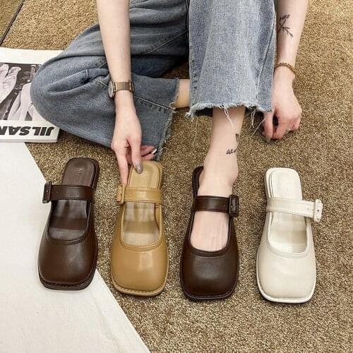 Apanzu Baotou Half Slippers Outdoor Lazy Slippers Womens 2021 Fashion All-match Belt Buckle Square Toe Flats Retro Mule Shoes