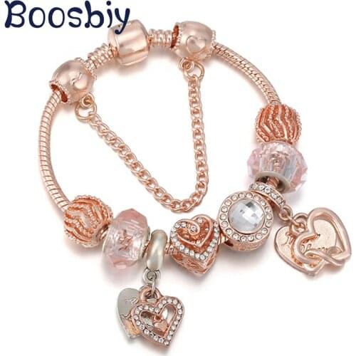 European Style Rose Gold Snake Chain Charm Bracelet With Heart Pendant For Women Fashion Pulseras Jewelry Gift High Quality