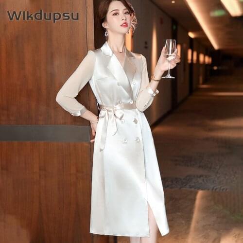 Spring Autumn Three Quarter Sleeve Blazer Dress Women Fashion Elegant Double Breasted Blue Trench Coat Trenchcoat Dress Belted