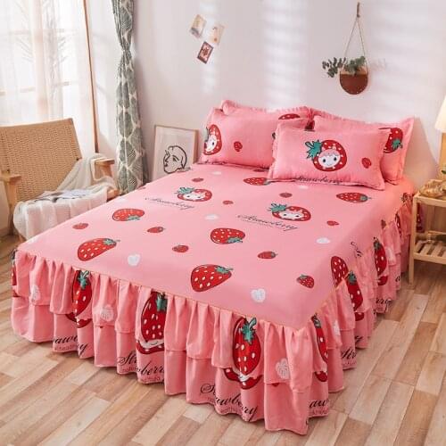1pc Quality Thicken Elastic Non-Slip Bedspreads Sheet Strawberry Prints Ruffle Bed Skirt Soft Mattress Cover No Pillowcase