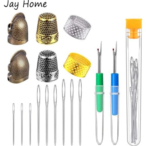 16Pcs Sewing Tool Set Finger Thimble Protector Thread Remover Seam Ripper Large-Eye Knitting Needles for Embroidery Needlework