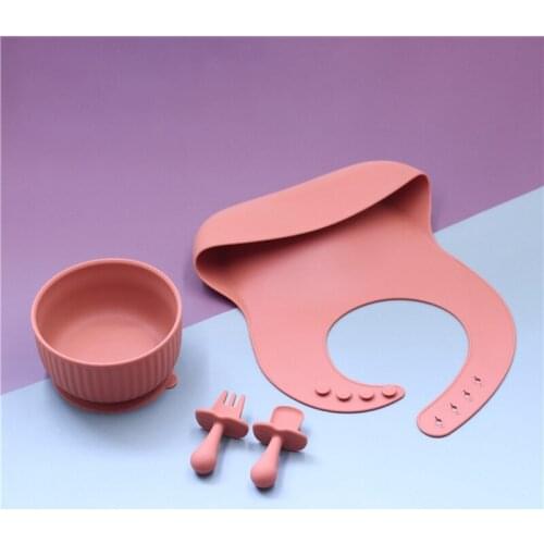 4pcs Baby Feeding Set Food Grade Silicone Bib Fork Soft Spoon Feeding Bowl Suction Plate Tableware