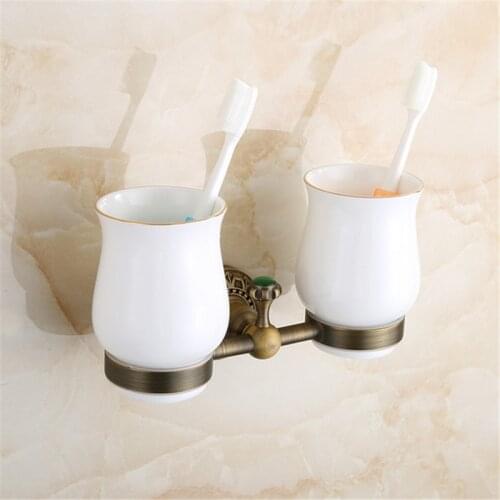 Bathroom Accessories Products antique Solid Brass bronze Finished Double Cup Holder Rack,Toothbrush Holder with green stone