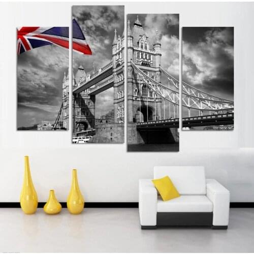 Black white london bridge landscapes modern painting flying flag and croud wall poster and prints on canvas modular pictures