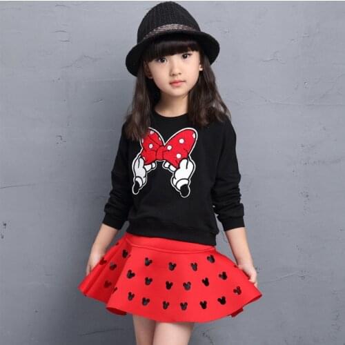 2018 Childrens New Spring and Autumn Girls Long Sleeve Shirt+skirt Two Sets of Girls Black Red 2pc Sets 3-10 Ages