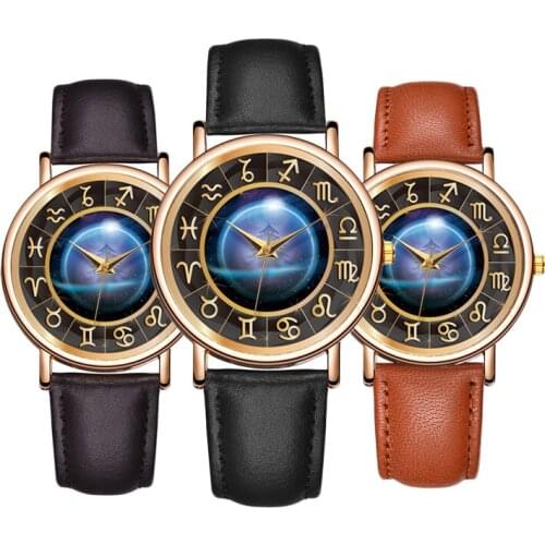 Men Ladies watch High-end Casual Twelve constellations Starry sky series Ladies leather watch Quartz watch Couple watch gift