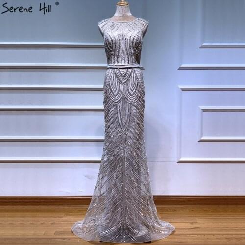 Silver Dubai Design Mermaid Luxury Prom Dresses 2020 Real Photo O-Neck Sleeveless Beading Prom Gowns Serene Hill BLA6630