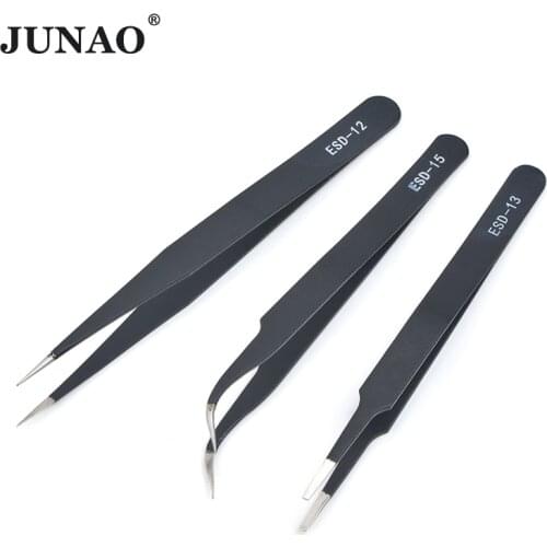 JUNAO Top Quality Tweezers Bend+Straight New Stainless Steel Industrial Anti-static Cross Tweezers Sewing Crafts Supplies Tool