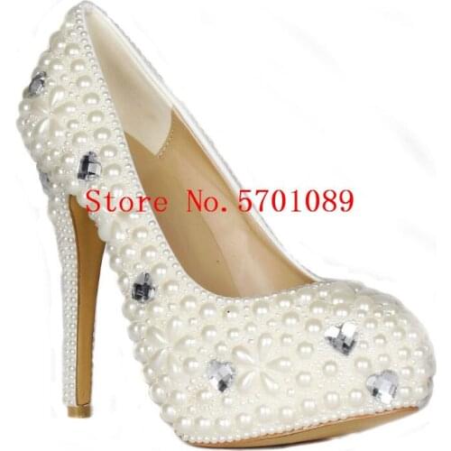 Fashion 140mm Stiletto Heel Pearls Shoes Platform Diamonds Wedding Shoes Bride Princess Bridesmaid Crystal Hearts Pumps 35-41