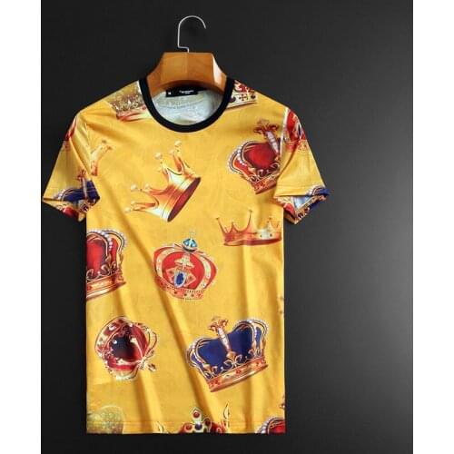 2021 Summer Trend Crown Print Ice Silk Short Sleeve T-shirt Men Yellow Funny T Shirts Gold Social Club Outfit Tee Shirt Homme