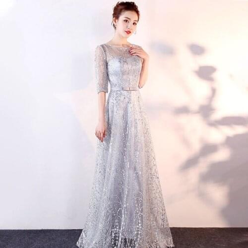 Special Occasion Dresses Illusion O-Neck Half Luxury Silver Sequined Bow Tulle Lace A-Line Floor-Length Women Prom Gown E1044