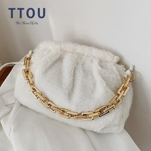 Plush Cloud Gold Chain Shoulder Bags For Women Handbag And Purses Luxury Designer Clutch Ladies Bag Plush Faux Fur Crossbody Bag