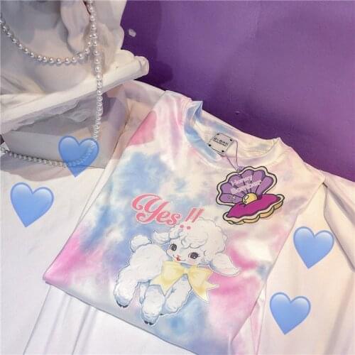 Japanese Girls'Daily Mild Sheep Gradually Change Half Short-sleeved Ins Fire Tie-dyed Cool Girls TX