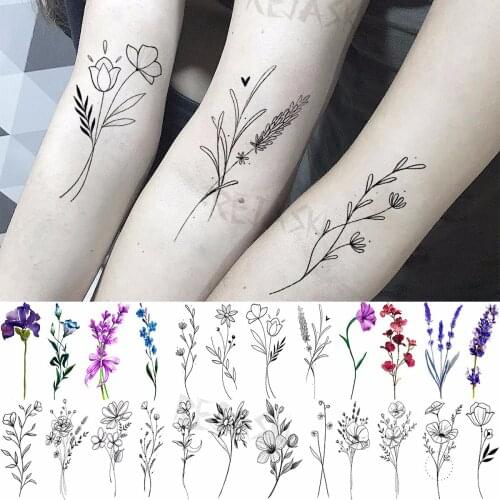 Tulip lily lavender leaves Temporary Tattoos For Women Adult Dahlia peony flower Fake Tattoo Sticker 3D Waterproof tatoos Decal