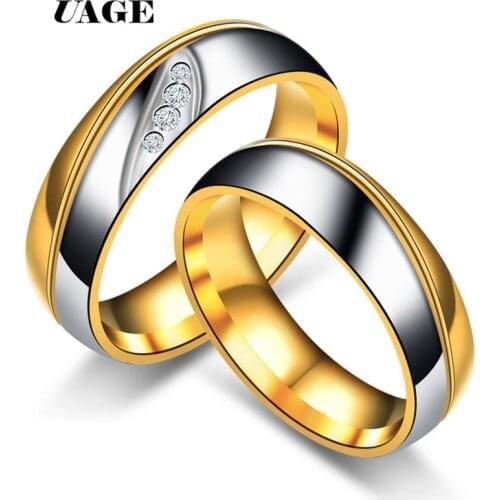 UAGE Gold Silver Color Stainless Steel Ring Cubic Zirconia Couple Wedding Ring Fashion Engagement Jewelry Gift for Women Men