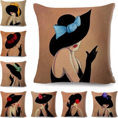 Vintage Style European Hat Women Cushion Cover Decor Elegant Lady Print Pillowcase for Sofa Home Car Polyester Pillow Case