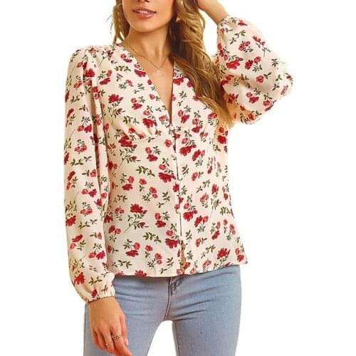 EFINNY Women Blouses V Neck Ruffle Shirts Women Long Sleeve Tops Floral Print Casual Korean Fashion Chiffion Tops