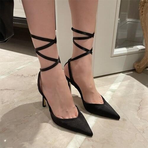 2021 Summer Pointed Toe Slingbacks High Heels Sandals Women Cross-strap Lace-up Thin Heels Black Silk Ladies Pumps Zapatos Mujer