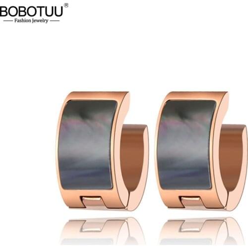 BOBOTUU Trendy Stainless Steel Black Shell Wedding Earrings For Women Rose Gold Crystal Hoop Earrings For Christmas Gift BE19283