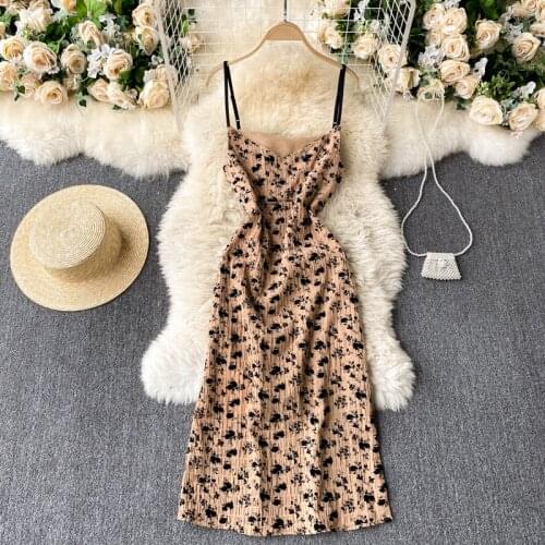 2021 Womens Spring Fashion New Fresh Print Square Colonial Spaghetti Strap Midi Dress D0101