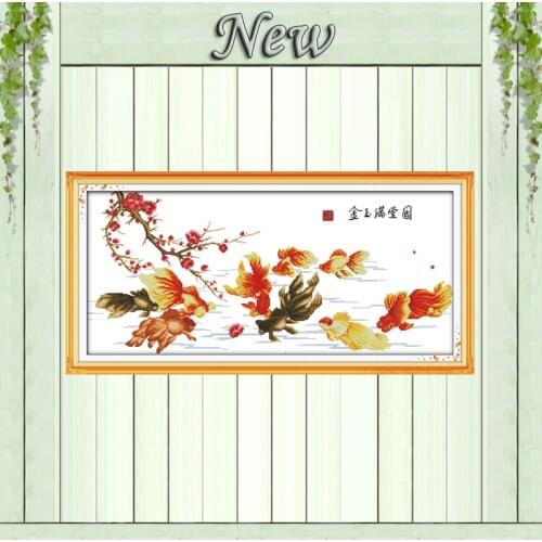 Gold and jade fill the hall fish DMC 14CT 11CT DIY Cross Stitch Needlework Kits Counted Printed on canvas Embroidery Sets flower