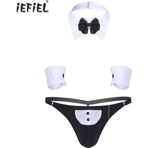 3Pcs Mens Waiter Lingerie Suit Costumes Exotic Sets Open Back Tuxedo G-string Thong Underwear with Bow Tie Collar and Bracelets