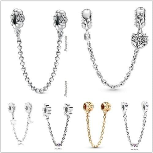 Authentic 925 Sterling Silver Two-tone Heart Family Tree Safety Chain Charm Bead Fit Pandora Bracelet & Necklace Jewelry