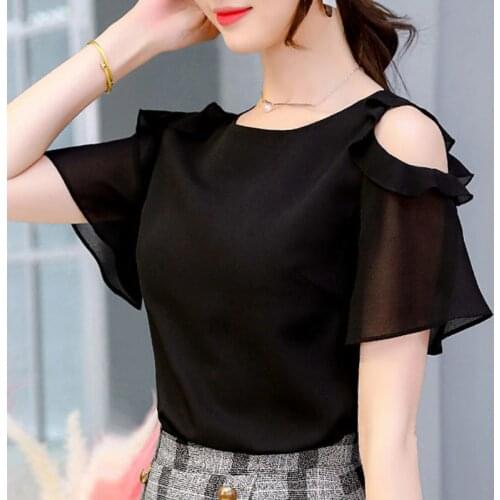 Blusas mujer de moda 2020 black top korean Solid Ruffles Short Chiffon O-Neck Flare Sleeve plus size women white blouse 0503