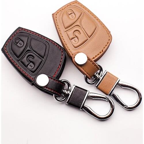 Top layer leather Genuine Leather 2 buttons car key case for Mercedes Benz W124 W202 W203 W210 W211 W204 Key box protector