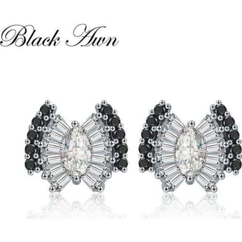 BLCAK AWN 2021 New 925 Sterling Silver Black Spinel Trendy Bow Engagement Earrings for Women Fine Jewelry Bijoux I043