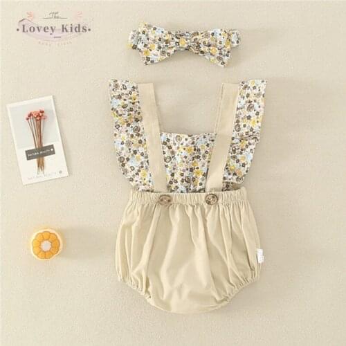 2021 Baby Girl Clothes Bodysuits Ruffle Sleeve Sweet Floral Square Collar Bow Overalls with Headband Two Piece Set