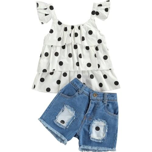 FOCUSNORM 2pcs Summer Lovely Kids Girls Clothes Sets Polka Dot Printed Ruffles Sleeve T Shirts Tops Blue Denim Shorts 1-6Y