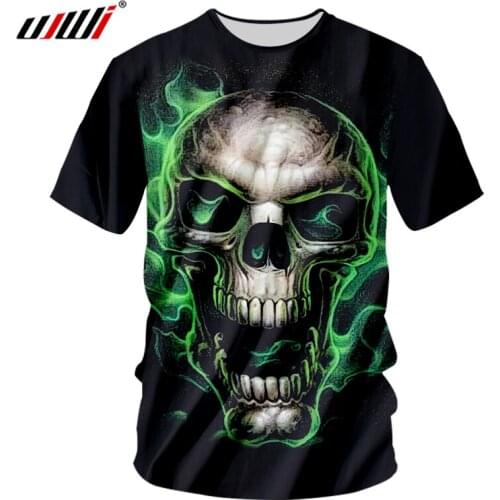 UJWI Tshirt Mens Cool Print Green Smoking Skull 3d T-shirts Man Hip Hop O Neck Tee Shirts Unisex Fitness T Shirts Summer Tops