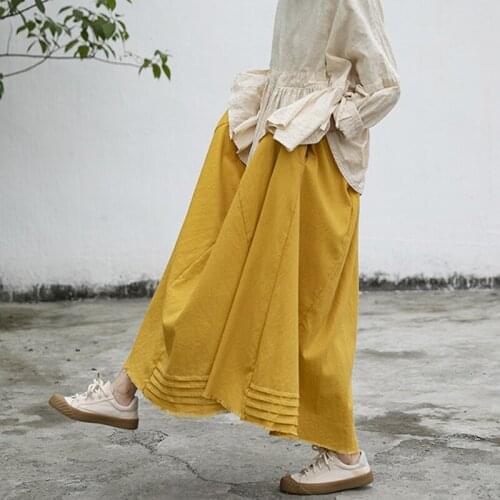 Johnature Women Cotton Linen A-Line Skirts Yellow Fold Elastic Waist Vintage 2021 Summer New Female Clothes Loose Skirts