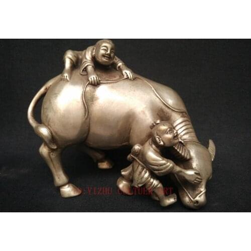 Collection Chinese Old Copper Silver Carving Boy Ride Cattle Statue Decoration