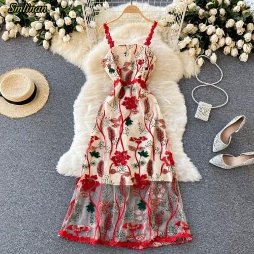 Summer Mesh Embroidery Floral Robe Longue Dress Women Spaghetti Strap Backless Beach Dress Elegant Evening Party Long Dresses
