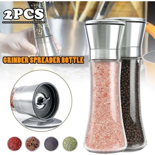 2Pcs Stainless Steel Adjustable Manual Salt Mill Pepper Grinder Ceramic Core Hand Tool Kitchen Gadgets Spice Bottles Glass
