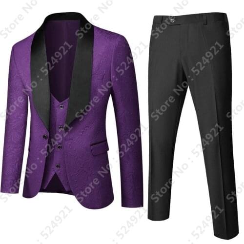 Custom Made Men Suits Purple and Black Groom Tuxedos Shawl Lapel Groomsmen Wedding Best Man ( Jacket+Pants+Vest+Tie ) D52