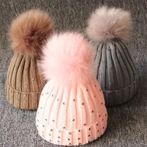 New Winter Baby Girl Hat Hot Sale Girls Knitted Crochet Hats With Pom Pom Children Hat Beanie Warm Fur Caps Kids Girls Hats Caps