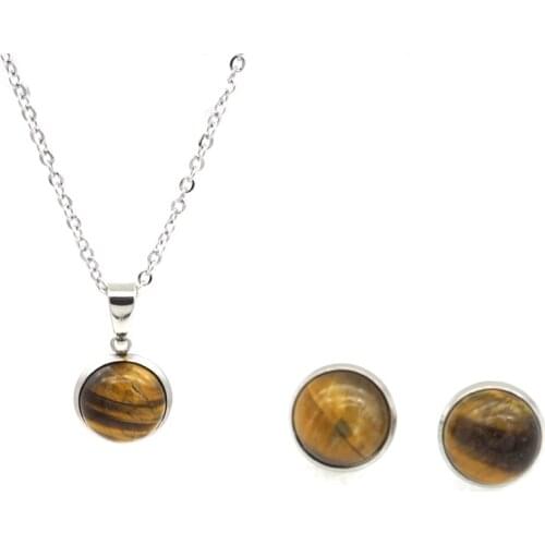 Natural Stone Stud Necklace 12mm Stainless Steel Druzy Crystal Earrings Metal Ear Stud Pendant Jewelry Women Men Gift