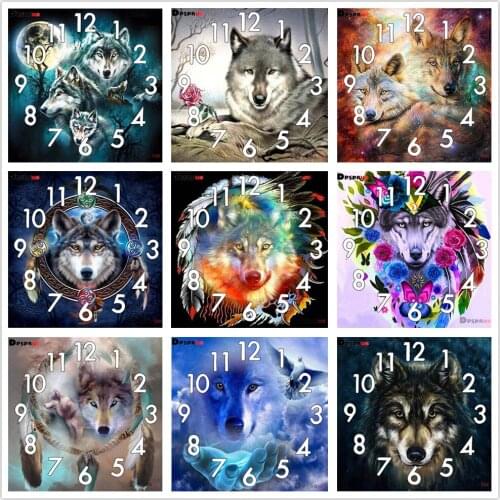 Full Diamond Painting Cross Stitch Animal Wolf With Clock Mechanism Mosaic 5D Diy Square Round 3d Embroidery Gift HB01