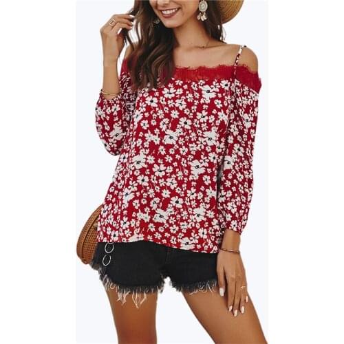 Casual Vintage Women Off Shouder Lace Blouse Shirt Vintage Floral Print Tops Long Sleeve Blouse Boho V Neck Camis Tops