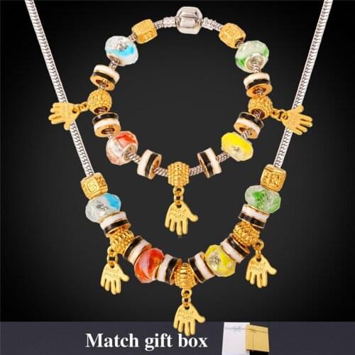 Charms Necklace Bracelet Set Cute Hands Crystal Glass Beads Snake Chain DIY Gold Color Jewelry Sets For Women Brand NH857
