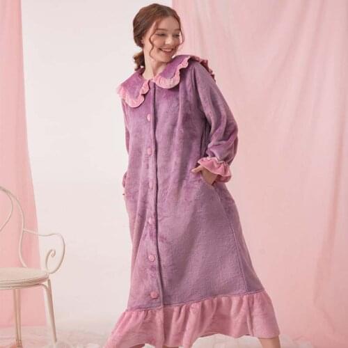 Women Double-faced Flannel Nightgown Purple Pink Princess Sleepwear Nightdress Nightwear Winter Warm Home Dress Sleepshirt