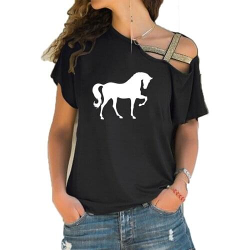2020 New Creative Animal Horse Print Teeshirt Women Short sleeve Summer Cool Clothes Loose Irregular Skew Cross Bandage Tops Tee