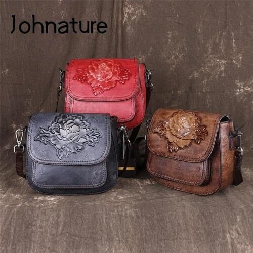 Johnature Handmade Embossing Genuine Leather Women Bag 2021 New Vintage Nature Cowhide Small Shoulder Messenger Bag