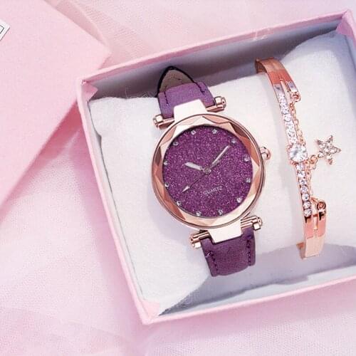 Rose Gold Women Watch Bracelet Set Fashion Starry Sky Wrist Watch For Ladies Leather Strap Clock Simple Dress Hour Montre Femme
