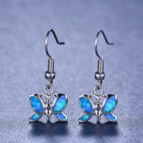 Boho Female Butterfly Drop Earrings Boho Blue Fire Opal Earrings For Women Bride Cute Big Wedding Long Dangle Animal Earrings